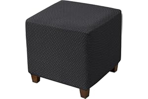 HFCNMY Ottoman Cover Stretch Knitted Jacquard Square Ottoman Cover Thick Ottoman Slipcover Square Storage Ottoman Cover Foot Stool Cover with Elastic Bottom Black Medium