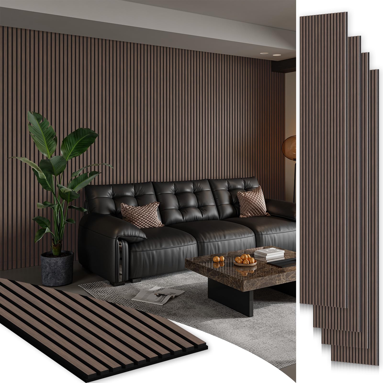 Photo 1 of ***MISSING ONE/DAMAGED WOOD CORNERS**Smartstandard 4 Pack 106" x 12.6" Wood Slat Wall Panels, Soundproof Wooden Wall Panels, Acoustic Wood Panels for Wall, 3D Fluted Wood Panels for Interior Wall Decor, Dark Walnut