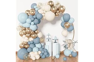 Amandir 153pcs Dusty Blue Balloon Garland Arch Kit, Different Sizes 18 12 10 5 inch Blue White Sand Latex Metallic Confetti Gold Balloons for Boys Birthday Boho Baby Shower Party Decoration Supplies