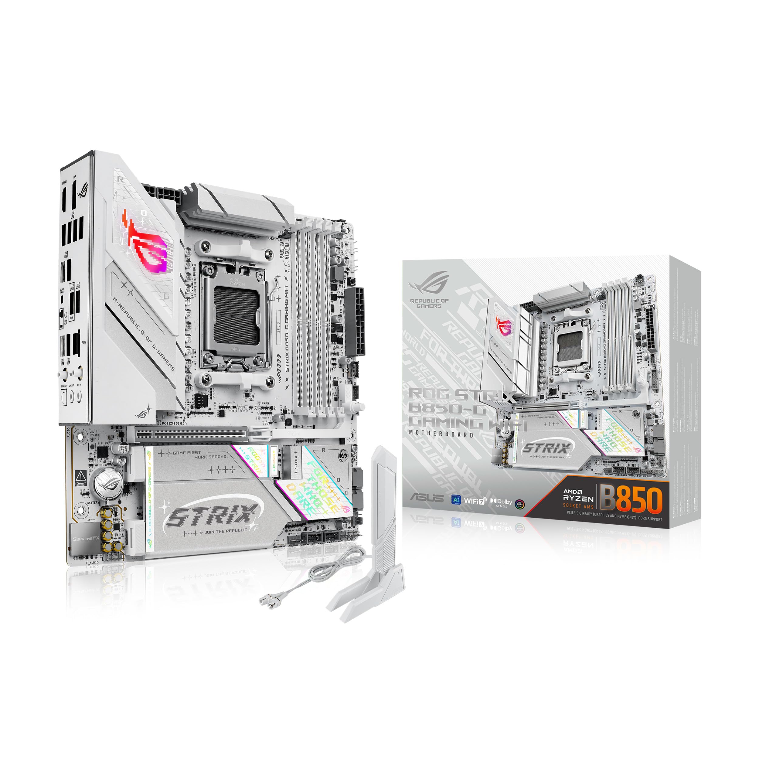 Photo 1 of ASUS ROG Strix B850-G Gaming WiFi AMD AM5 B850 mATX Motherboard, Advanced AI PC Ready, 14+2+1 Power Stages, DDR5 Slots, 4X M.2 Slots, PCIe® 5.0 Ready, WiFi 7, 2.5G LAN, USB 20Gbps Type-C®, AI Advisor