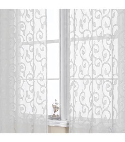 Sweet Home Collection Kitchen Window Curtain Tier & Valance Set – Songbird White Lace Pattern, 24x60 Inches