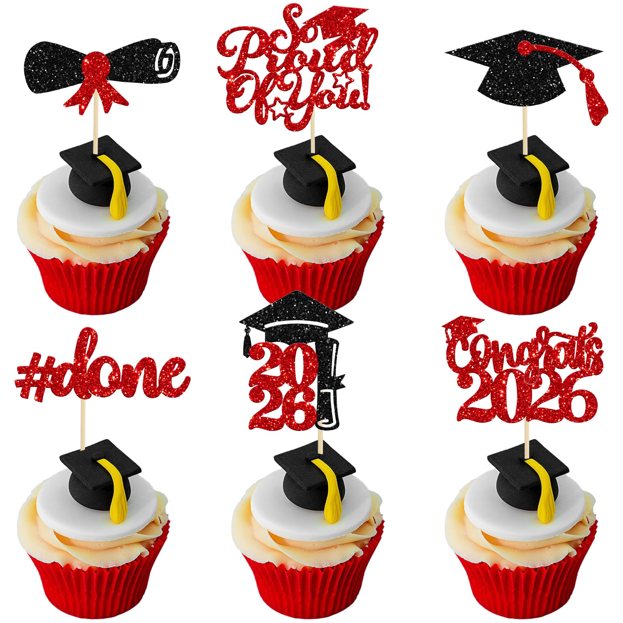 Gyufise 24Pcs 2026 Graduation Cupcake Toppers Glitter Congrats Class of 2026 Diploma Done Grad Cap So Proud of You Cupcake Picks So Proud of you Cake Decoratiosn for 2026 Graduation Theme Supplies