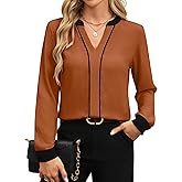 Fayenne Womens Tops Dressy Casual V Neck Color Block Business Casual Blouses Long Sleeve Work Shirts Fall Trendy Clothes