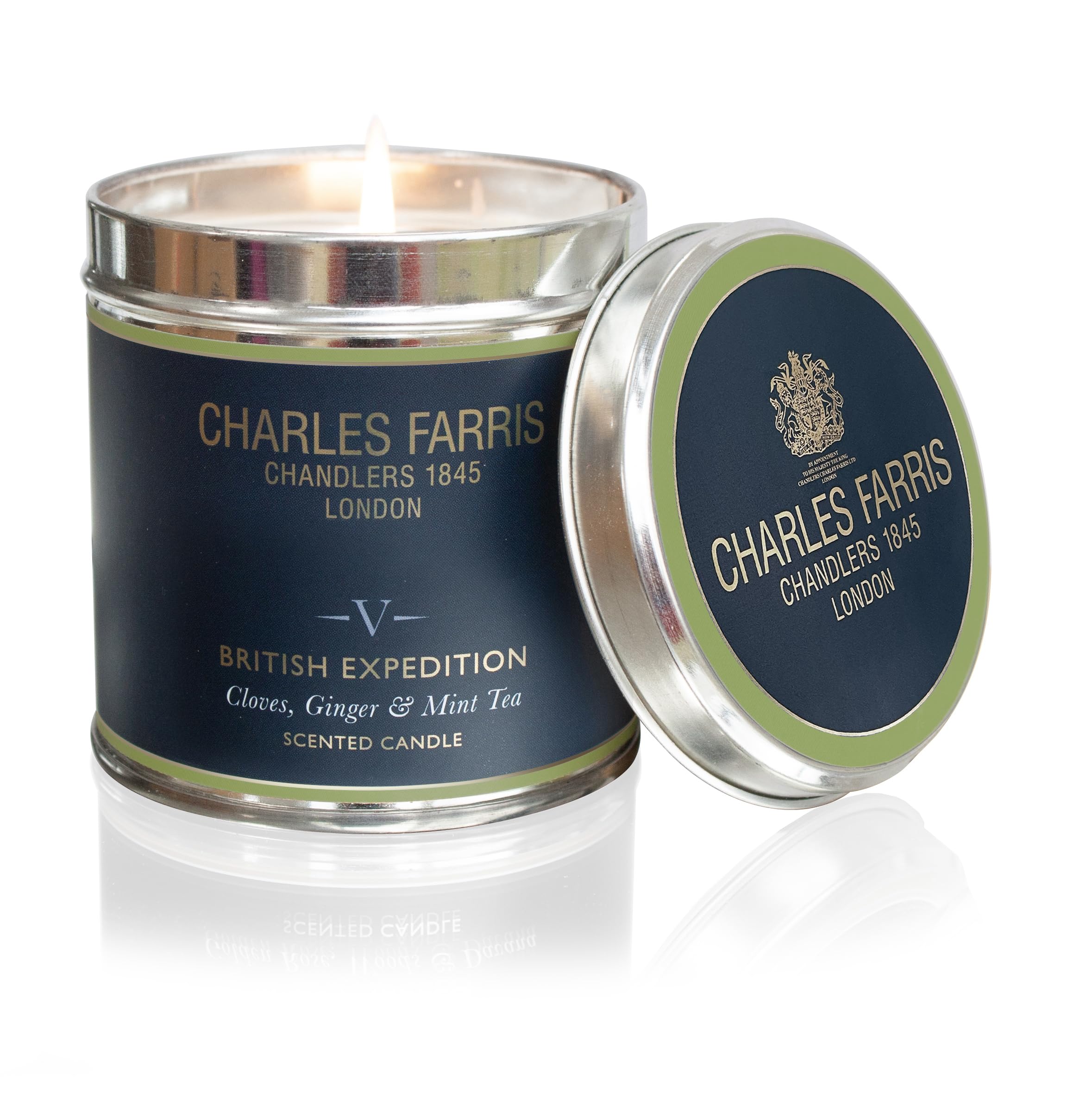 Charles Farris British Expedition Luxury Signature Scented Tin Candle - Cloves, Tobacco & Mint Tea - Hand-Poured in England - 40 Hours+ Burn Time
