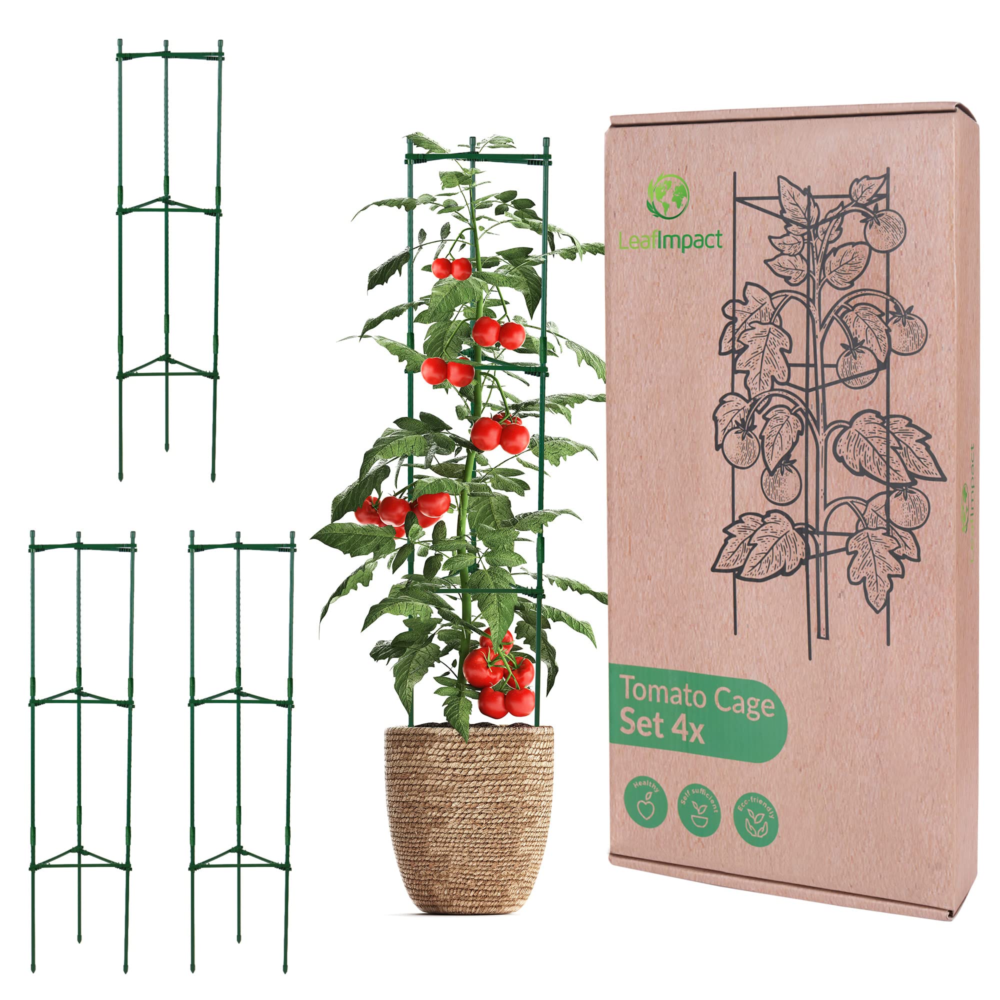 LeafImpact 4-Pack Adjustable Metal Tomato Cage | Green | Plant Support Cage | Square, Hexagonal, Teepee | For Vertical Climbing Plants & Vegetables