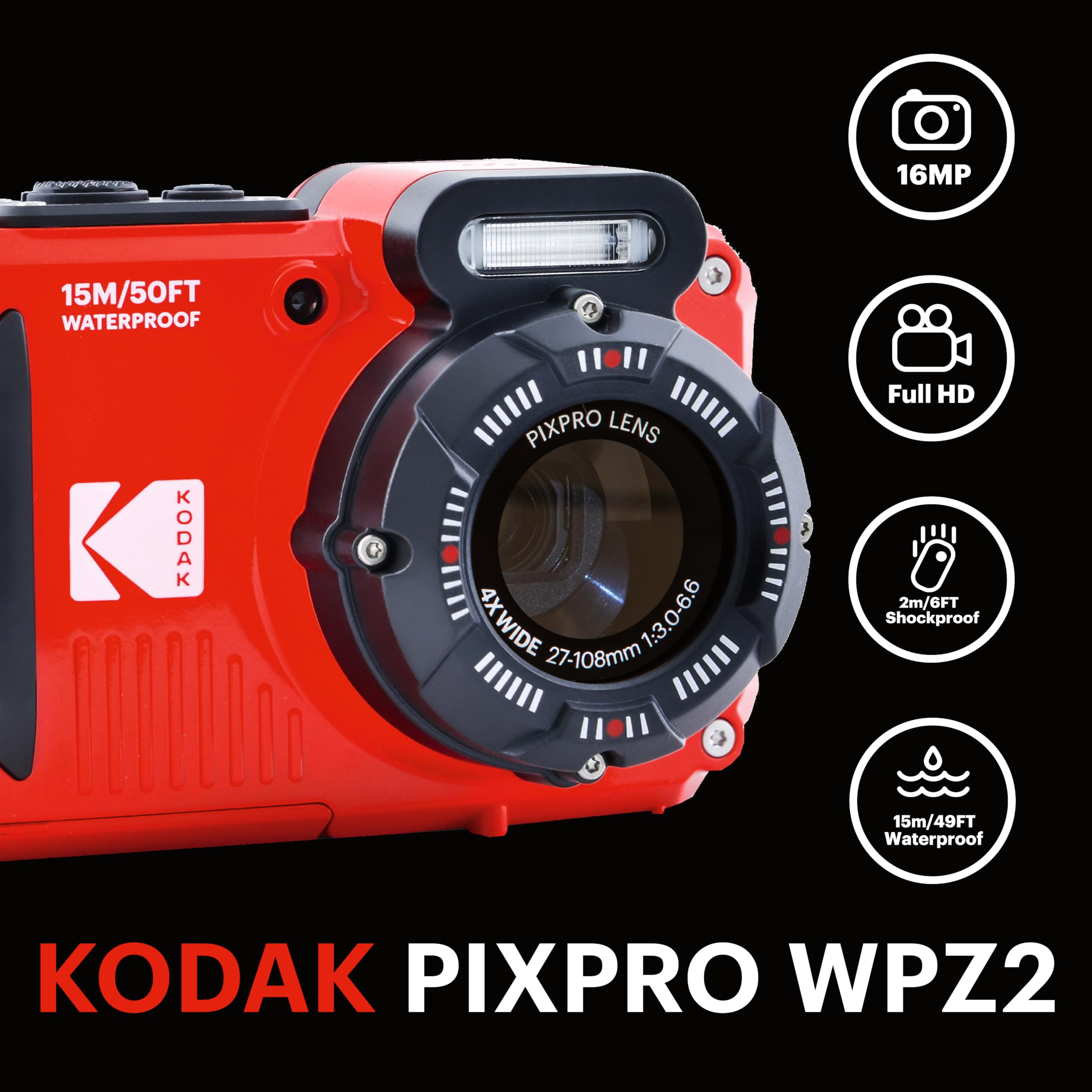 KODAK PIXPRO WPZ2 Rugged Waterproof Digital Camera 16MP 4X Optical Zoom 2.7