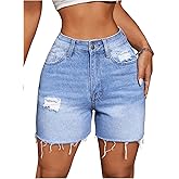 WDIRARA Women's High Waisted Distressed Ripped Raw Hem Denim Shorts with Pockets