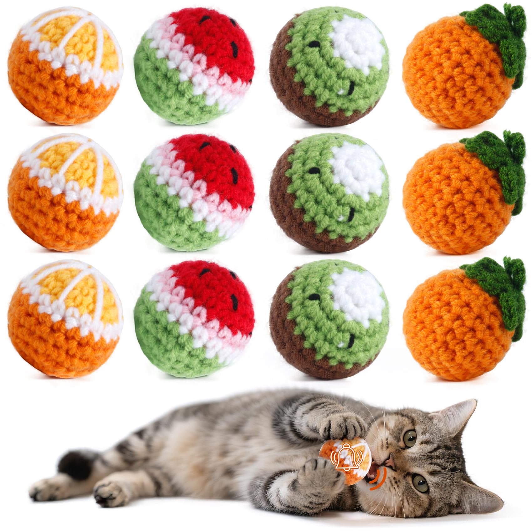 Photo 1 of 12 Pack Cat Toy Balls, Hand-Knitted Woolen Yarn Cat Balls Toy with Bell Inside, Interactive Kitty Toys for Indoor Kitten Teething, Chasing & Self Play(Fruit-Shaped)