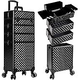 AROUS Rolling Makeup Train Case 4 in 1 Cosmetology Case on Wheels Large Storage Cosmetic Trolley with Key Salon Barber Case Traveling Cart Trunk, Black