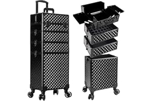 AROUS Rolling Makeup Train Case Large Storage Cosmetic Trolley 4 in 1 Large Capacity Trolley Makeup Travel Case with Key Swivel Wheels Salon Barber Case Traveling Cart Trunk, Black