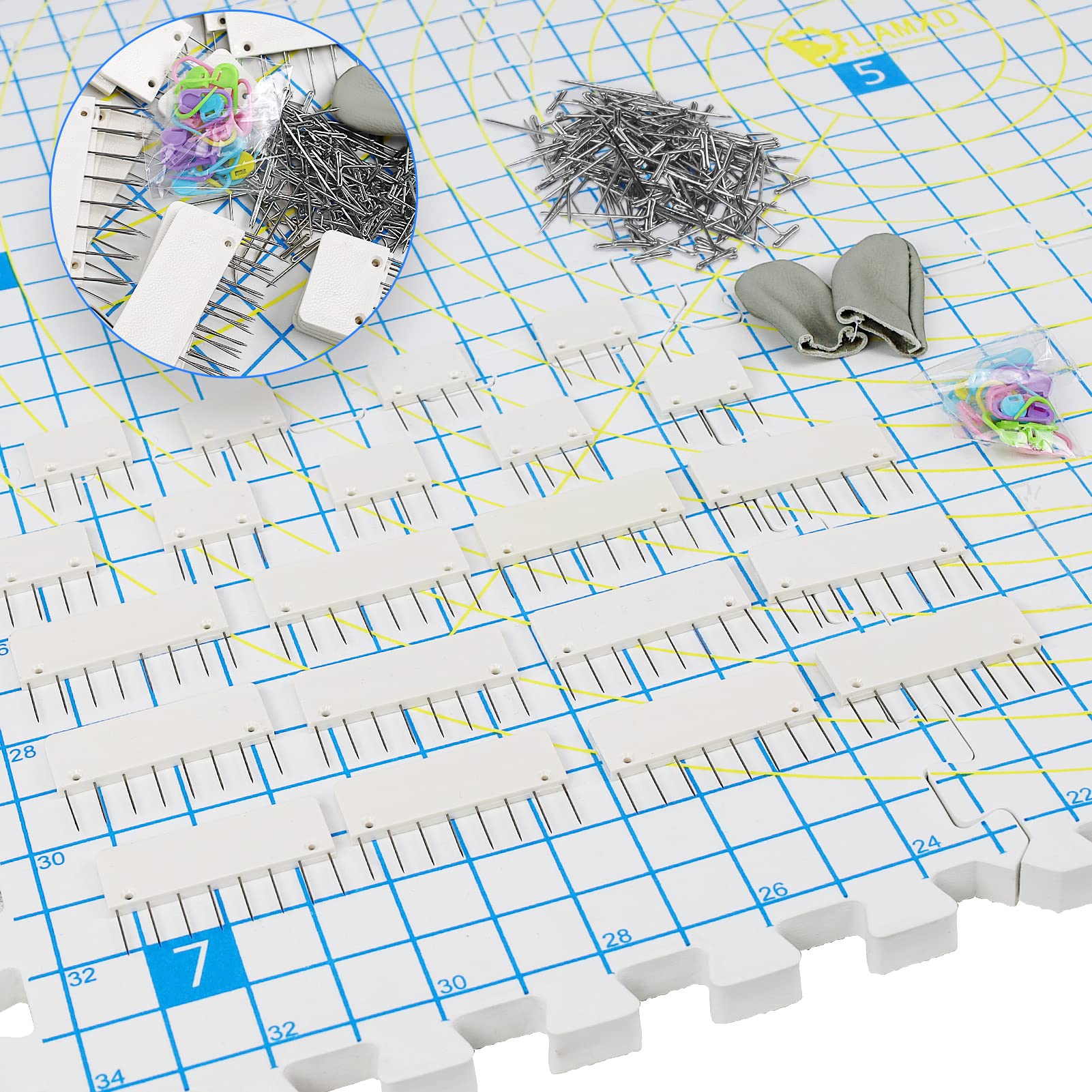 LAMXD Blocking Mats for Knitting - Extra Thick Blocking Boards with Grids with 22PCS Knitting blockers and 100 T-pins for Needlework or Crochet - Pack of 9