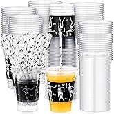 meekoo 50 Sets Skeleton Cup with Flat Lids and Straws 12 oz White Black Skeleton Bone Plastic Cups Clear Drink Disposable Cups with Lids for Halloween Decoration Mega Haunted House
