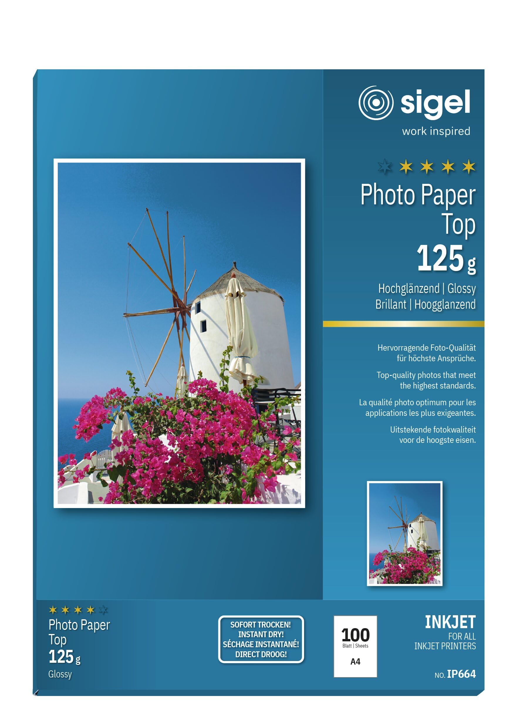 SIGEL IP664 InkJet Top Photo Paper, glossy, White, 125 gsm, A4, 100 sheets
