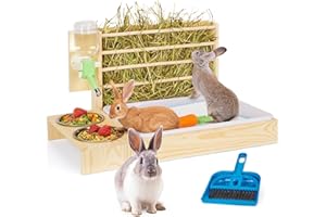 UNMOONY 4 in 1 Rabbit Hay Feeder with Litter Box, Small Animals Hay Rack with Water Bottle, and 2 Bowls, Wooden Bunny Hay Holder Feeder Toilet Combo for Rabbit, Guinea Pig, Hamster, Hedgehog, Chinchillas