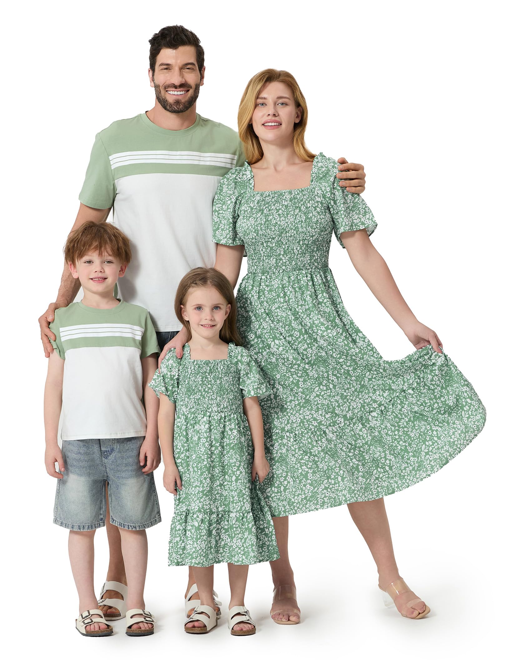 Photo 1 of PATPAT Family Matching Outfits Mom and Daughter Matching Dresses Square Neck Short Puff Sleeve Casual Boho Beach Tiered Midi Smocked Sage Green Dusty Floral Dress Couples Outfits Women M
