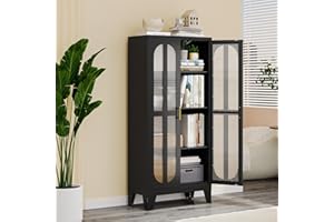 pozdeg Metal Storage Cabinet, Kitchen Pantry Cabinet with 2 Cross Door Panels and 3 Adjustable Shelves, Versatile Storage Pantry for Living Room Office Laundry Dining Room or Outdoor (Black)