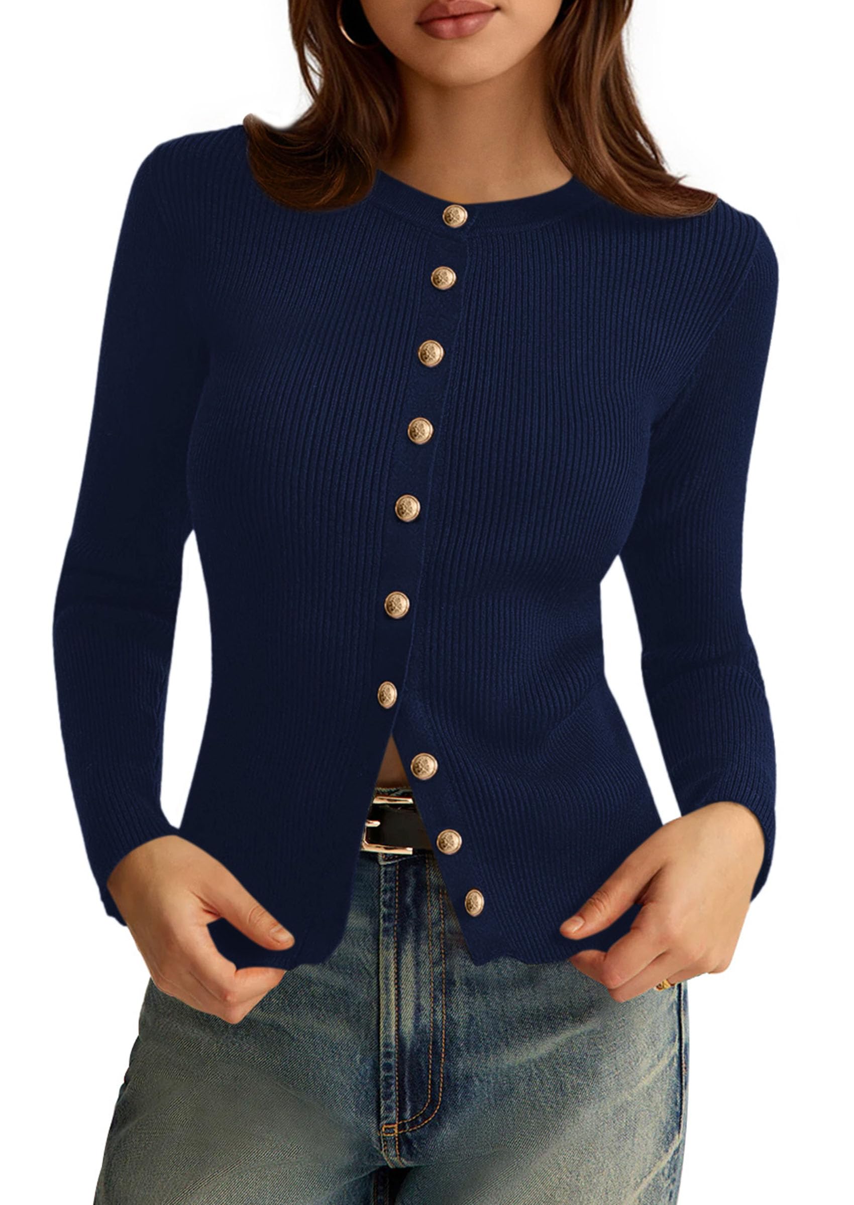 PRETTYGARDEN Womens 2026 Fall Cardigan Sweaters Lightweight Long Sleeve Button up Ribbed Knit Tops Winter Fashion Clothes (Navy Blue,Medium) Image