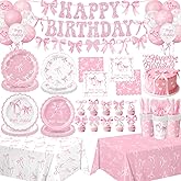 Pink Bow Birthday Decorations Include Plates, Napkins, Cups, Cutlery, Banner, Hanging Swirls, Cake & Cupcake Toppers, Balloons, Tablecloths for Coquette Birthday Decorations, Serves 20