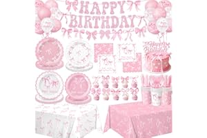 QIYANPAX Pink Bow Birthday Decorations Include Plates, Napkins, Cups, Cutlery, Banner, Hanging Swirls, Cake & Cupcake Toppers, Balloons, Tablecloths for Coquette Birthday Decorations, Serves 20