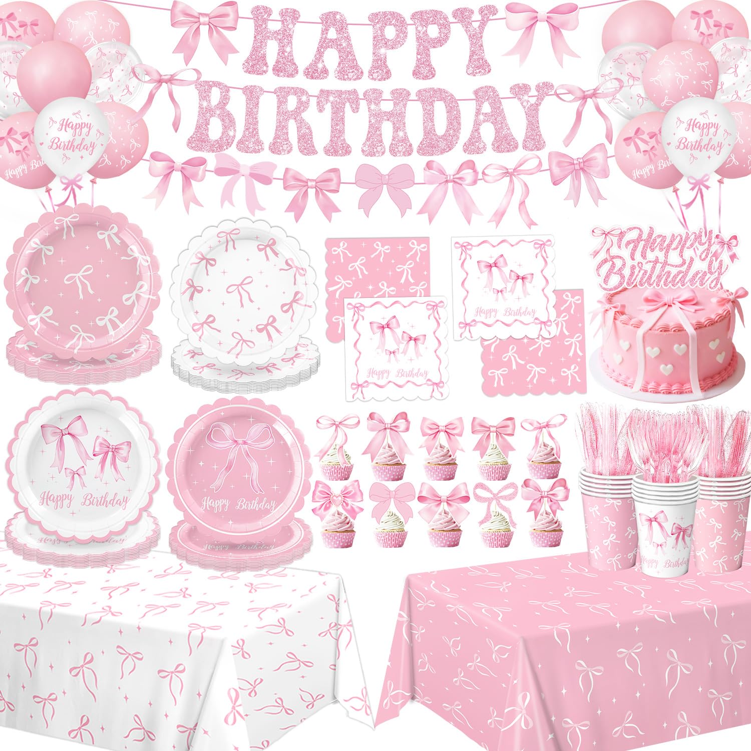 Pink Bow Birthday Decorations Include Plates, Napkins, Cups, Cutlery, Banner, Hanging Swirls, Cake & Cupcake Toppers, Balloons, Tablecloths for Coquette Birthday Decorations, Serves 20