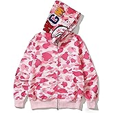 RICK TOP ONE Unisex Camouflage Hoodie with Shark Embroidery, Full Zip, Lightweight Couple sweatshirts heavyweight hoodie