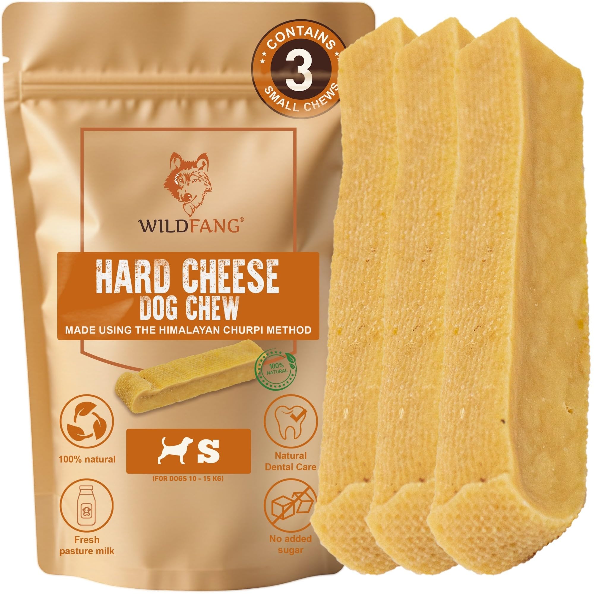 Wildfang® Yak Chews for Dogs, S (Approx. 40 g) – Himalayan Yak Cheese Dog Chews, Natural Dog Treats and Puppy Teething Toys for Healthy Gums, Hard Churpi Dental Sticks for Dogs 10-15 kg, Pack of 3