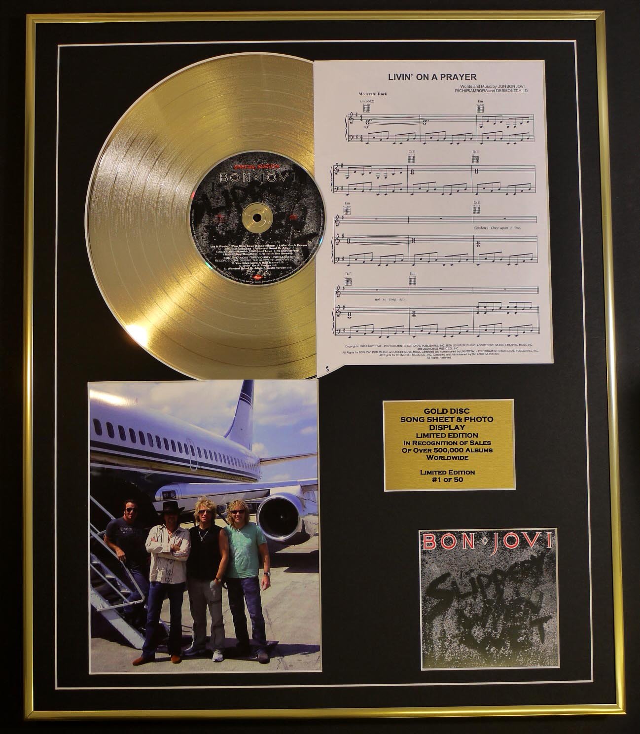 BON JOVI/CD GOLD DISC, SONG SHEET & PHOTO DISPLAY/LTD. EDITION/COA/ALBUM SLIPPERY WHEN WET/SONG SHEET, LIVIN' ON A PRAYER