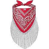 Clobeau Disco Fringed Bandana Cowboy Cowgirl Western Bachelorette Bandanas Sparkly Rhinestone Fringe Bandanas for Women Men