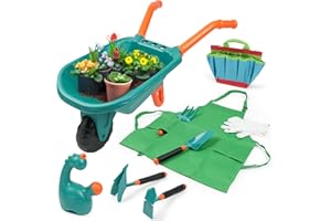 TINYLENS Kids Wheelbarrow with Garden Tool Set, Outdoor Toys Gardening Set for Toddlers 3+, Watering Can, Gloves, Hand Hoe, W