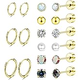 Gokeey 316L Surgical Stainless Steel Earrings for Women Men Hypoallergenic Flat Back Stainless Steel Stud Earrings for Sensitive Ears Dainty Cartilage Helix Earring Sets for Multiple Piercing Jewelry Gifts