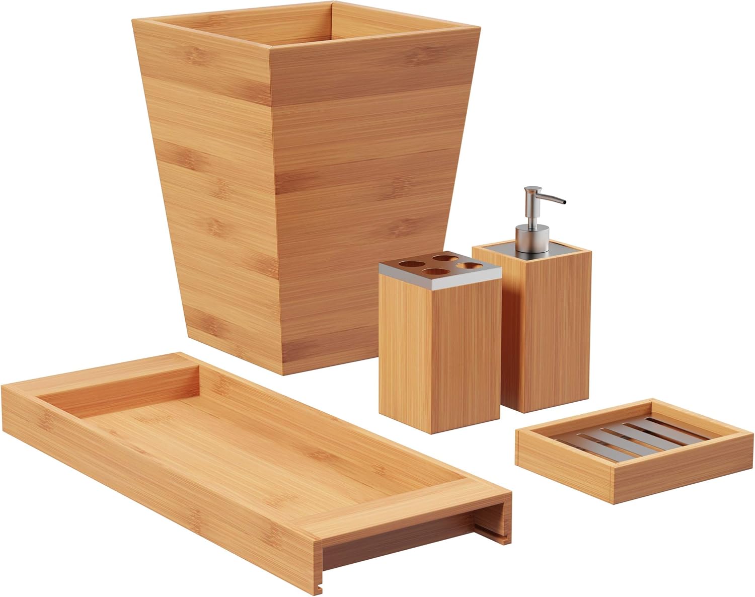 Lavish Home Bamboo Bath Accessories-5-Piece Set Natural Wood Tray Lotion Dispenser, Soap Dish, Toothbrush Holder, Wastebasket-Bathroom and Vanity: Home & Kitchen