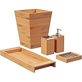 5-Piece Bathroom Decor Set - Bamboo Vanity Accessories with Trash Bin, Soap Dish, Soap Dispenser, Toothbrush Holder, and Tray by Lavish Home (Natural)