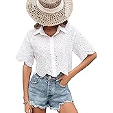 SweatyRocks Women's Short Sleeve Button Down Eyelet Crochet Shirt Asymmetrical Hem Crop Top Blouse