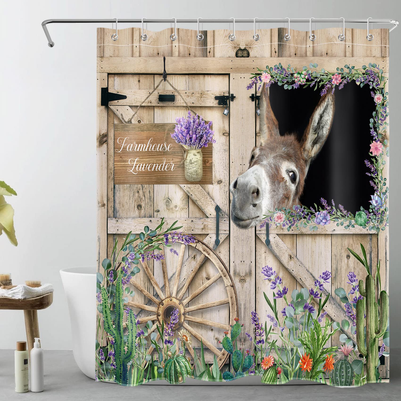 LB Farmhouse Donkey Shower Curtain Green Cactus Purple Floral Shower Curtains for Bathroom Rustic Barn Door Polyester Anti Mould Waterproof Small Bath Curtain Set with Hooks,59x71 inches — image 1