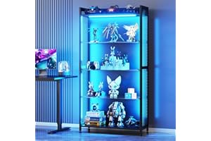 AODK Display Case with LED Lights, Display Cabinet with Glass Storage Shelves, 4-Tier Display Shelf for Collectibles, Curio Cabinet, Black