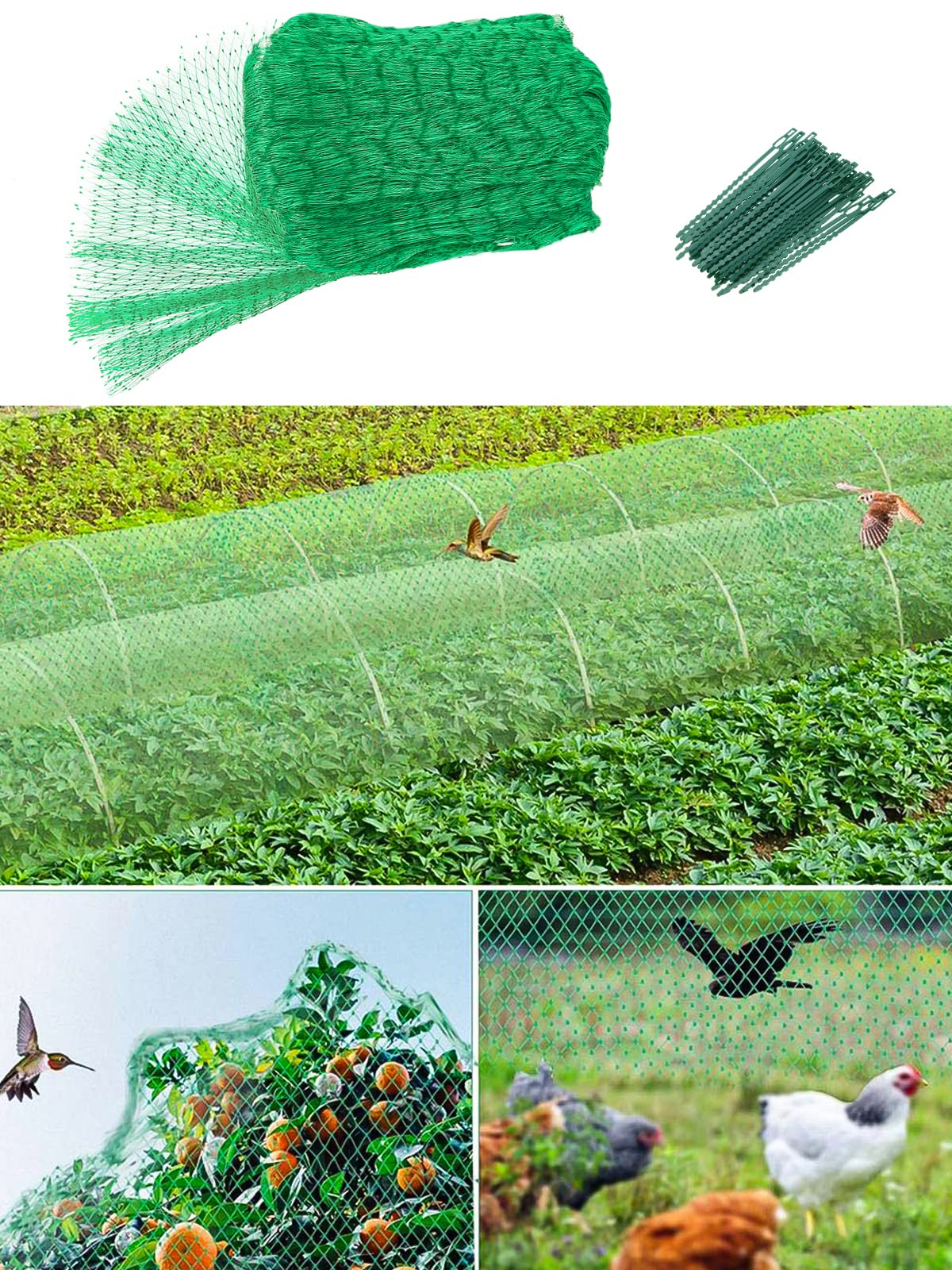Reagia 33 Ft x 13 Ft Green Garden Bird Netting, Garden Plant Fruits Fencing Mesh Protect Fruit and Vegetables from Birds and Animals, Bonus 50 PCS Cable Ties