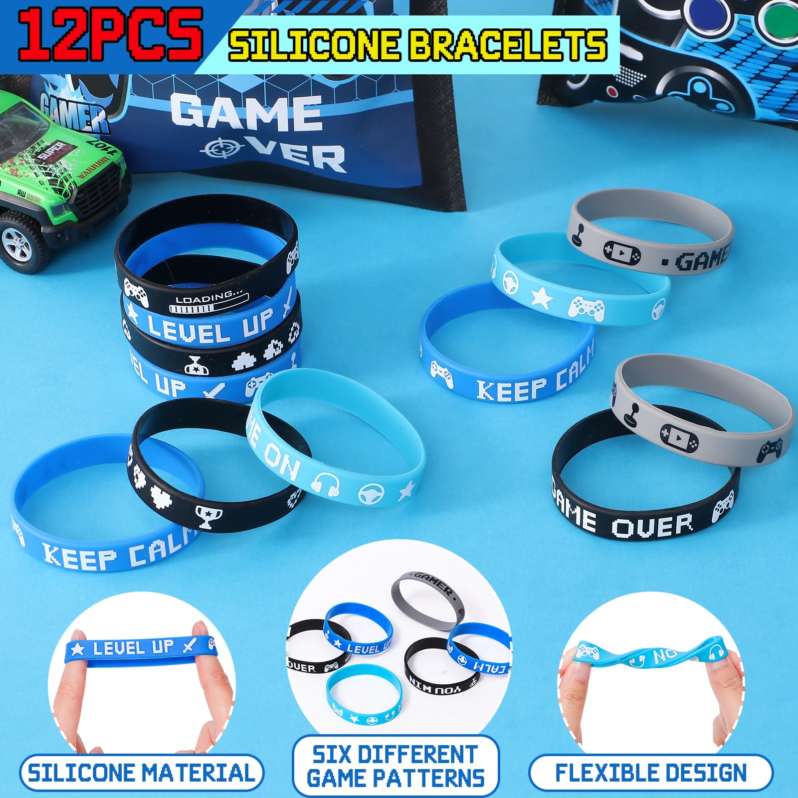 60Pcs Video Game Party Favors Gamer Birthday Party Supplies for Kids Non Woven Bags Silicone Bracelet Stamper Keychain Glow Sticker Game on Gift Goodie Treat Bag Fillers Boy Gaming Party Favors