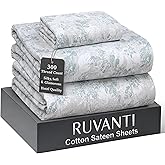 RUVANTI 100% Cotton Sheets Twin XL Size Bed Set - 300 Thread Count Silky Soft Sateen Weave, Cooling, Lightweight & Breathable, 16" Deep Pocket, Durable & Luxury Satin-Like, 3 Piece, Floral Imprint