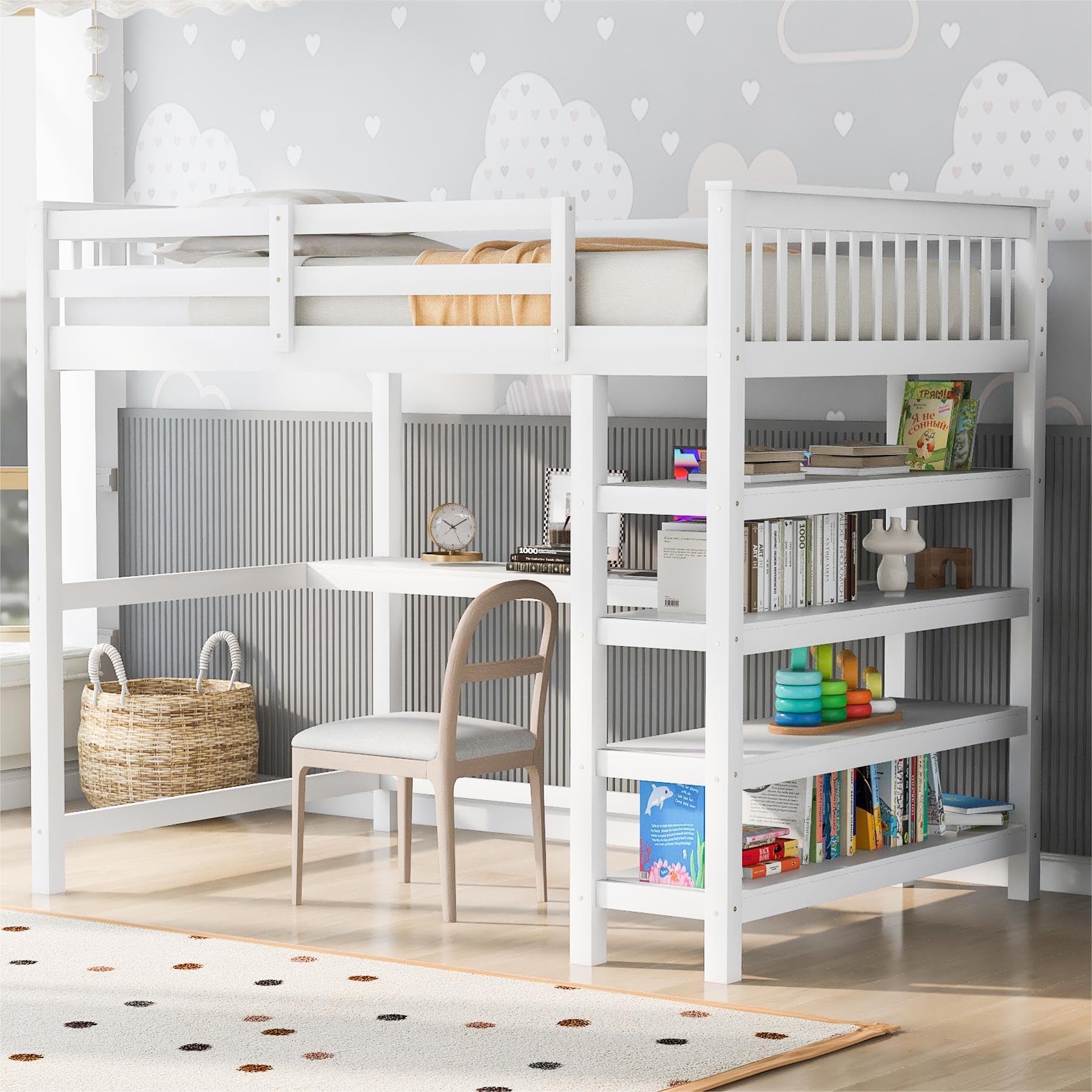 Photo 1 of Merax Wood Loft Bed with Desk and Shelves : Full Size Loft Bed with 4-Storage Shelves and Under-Bed Desk,Solid Wood Bed, Full Size,White Color