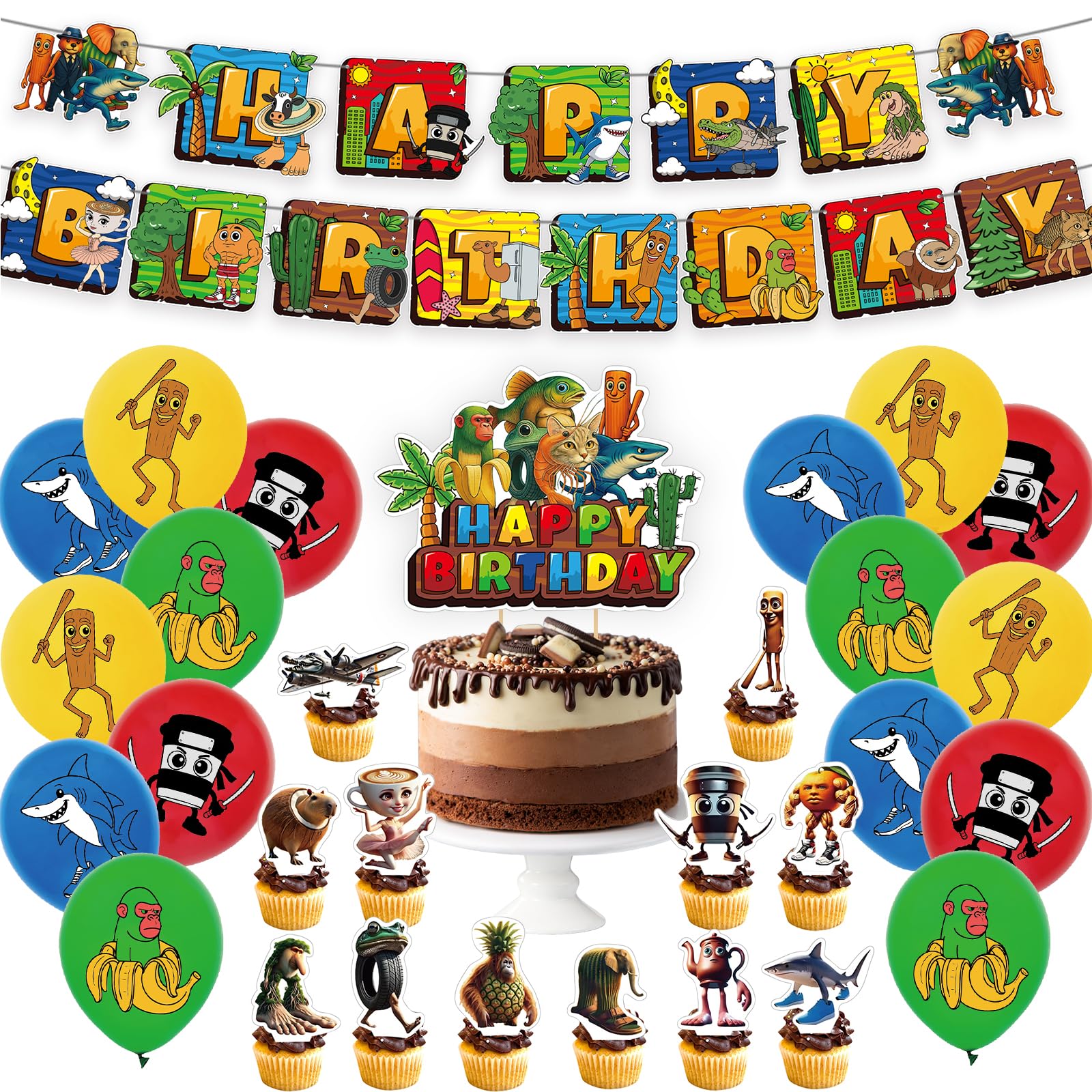 Photo 1 of Italian Brainrot Birthday Decorations,Italian Brainrot Party Decorations, Happy Birthday Decor, Italian-Brainrot Themed Party Supply, Includes Banner - Cake Topper - 12 Cupcake Toppers - 16 Balloons
