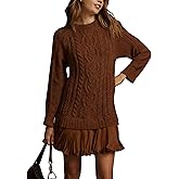 Yeokou Women Sweater Dress Cable Knit Crewneck Long Sleeve Pullover Pleated Twofer Patchwork Mini Dress