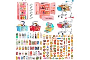 WEHOO 164Pcs Mini Shopping Cart Basket Miniature Food Drink Toy Supermarket Metal Handcart Trolley DollHouse Store Grocery Accessories Kitchen Play Game Party Model Shelves Cash Register Refrigerator Fridge