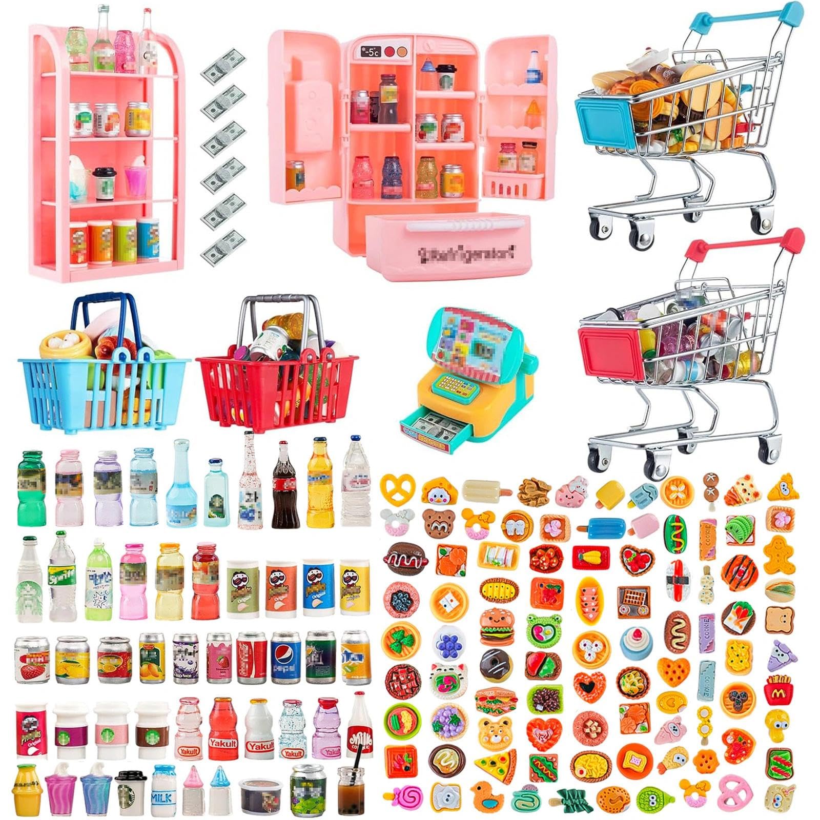 Photo 1 of 164Pcs Mini Shopping Cart Basket Miniature Food Drink Toy Supermarket Metal Handcart Trolley DollHouse Store Grocery Accessories Kitchen Play Game Party Model Shelves Cash Register Refrigerator Fridge