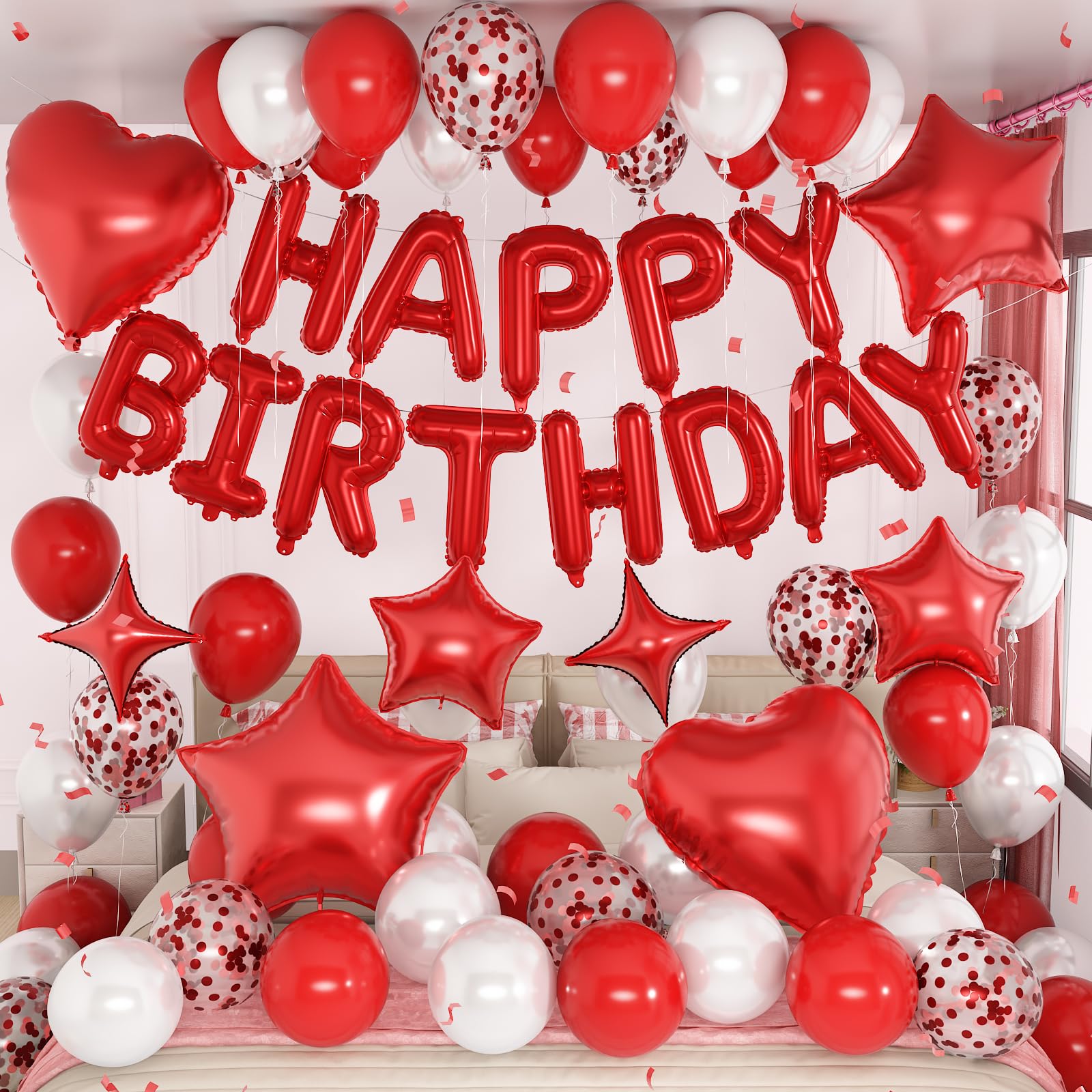 Froova Red White Birthday Decorations for Women Girls Dark Red Metallic Pearl Whte Confetti Party Balloon Happy Birthday Banner Heart Foil Balloons 18/10 Inch Star Balloons for Bday Party Supplies