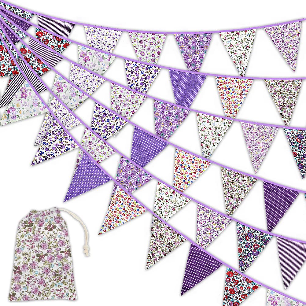 40ft Purple Fabric Bunting Banner,Floral Bunting 42 Pcs Purple Pennant Triangle Flags Garland with Storage Bag for Girls Woman Kids Birthday Wedding Bride Baby Shower Party Decoration