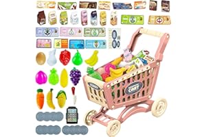 [Newest] Yeeyuue Kids Shopping Cart Toy, Toddler Shopping Cart with 64 PCS Shop Accessories & Storage Properties, Included Grocery Cart Toy, Credit Card, Pretend Fruit Vegetables (Pink-1)