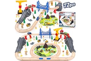TSDATOWR Wooden Train Set for Toddlers & Kids, 72Pcs Wooden Train Track with Crane, Expandable Toys Train Set for 3 4 5 6 7 Years Old Boys & Girls Christmas Birthday Gifts - Fits All Major Brands Railway Set