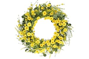 Hananona Spring Wreath Yellow Daisy Wreath, 24" Silk Daisy Wreath with Green Eucalyptus Leaves Summer Wreath for Front Door Wall Home Decor (Yellow)