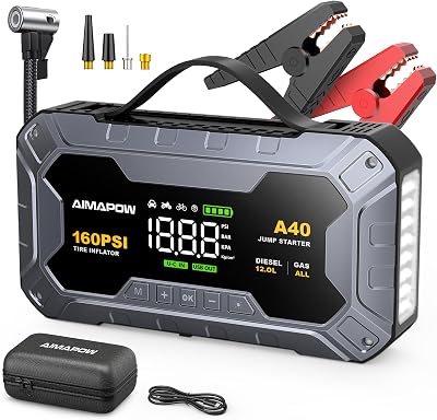 Arrancador de Coches 9000A con Compresor, 160PSI Inflador de Neumáticos, Jump Starter 12V, Arrancador de Baterias de Coche (Todo Gasolina o 12L Diésel), Pantalla LCD, Luz LED, USB-C Portátil