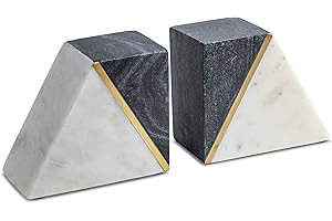 Cork & Mill Marble Book Ends for Shelves, Decorative Bookends for Heavy Books, Unique Mid Century Modern Gray and White Bookends with Brass Inlay, Heavy Duty Bookshelf Stopper, Set of 2